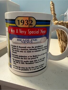 1932 Special Year Commemorative Mug w/ Headline News & Sports Facts